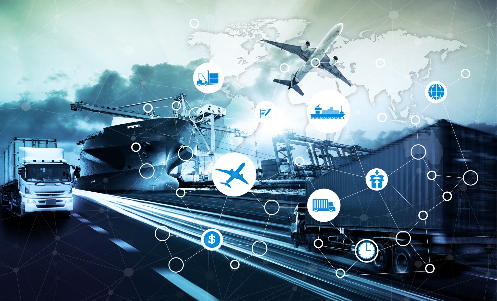 World map with logistic network distribution on background. Logistic and transport concept in front Logistics Industrial Container Cargo freight ship for Concept of fast or instant shipping, Online goods orders worldwide