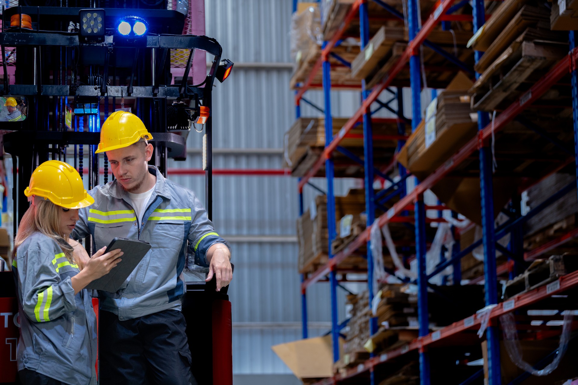 Two male and female factory checkers are discussing work on a warehouse truck. While working in a warehouse for industrial products